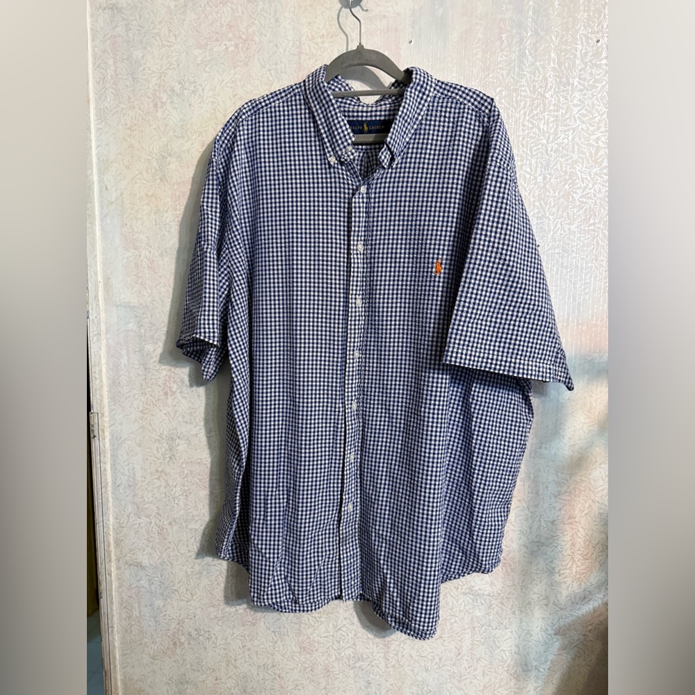 Ralph Lauren Men’s Navy and White Gingham Button-Down Shirt With Orange Pony 3XB